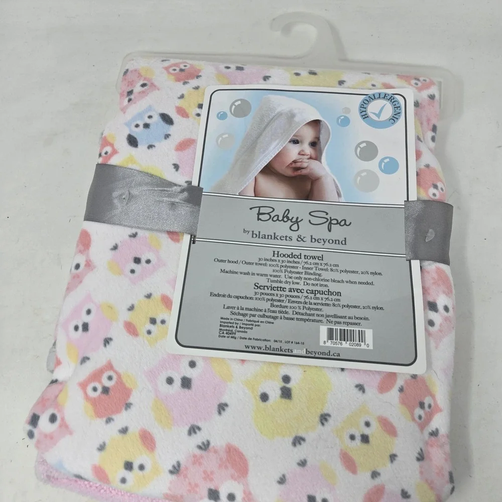 Blankets & Beyond Baby Spa Hooded Towel Pink Yellow Owl 30x30 Hypoallergenic
